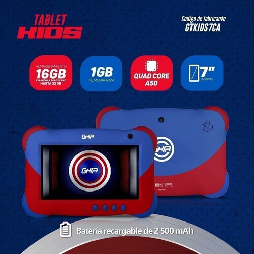 Tablet Kids GHIA GTKIDS7CA 7 pulgadas Procesador A50 RAM 1GB Almacenamiento 16GB cámara Android 9