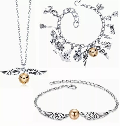 Juego De 3pzs De Joyas De Harry Potter Collar+pulsera Snitch