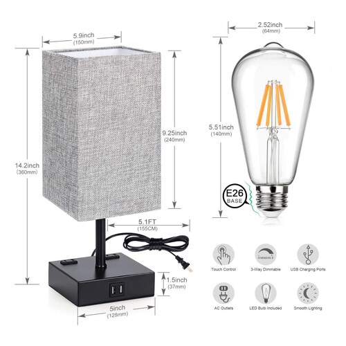 Lampara de Mesa Tactil con Salidas USB y CA, Paquete de 2 Piezas