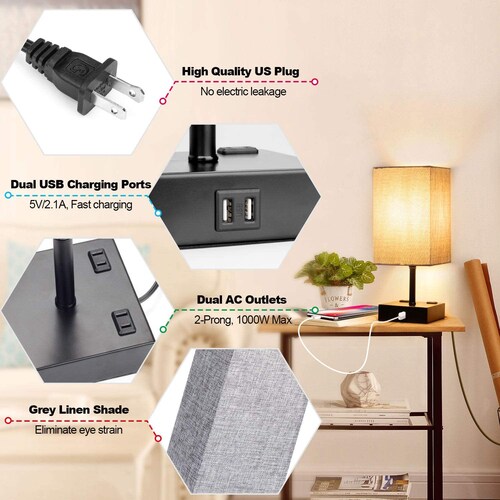 Lampara de Mesa Tactil con Salidas USB y CA, Paquete de 2 Piezas