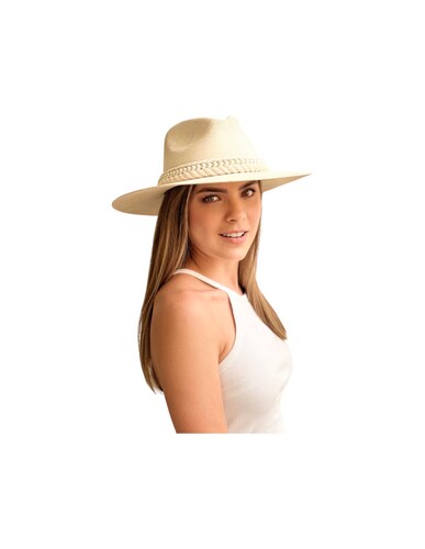 Sombrero para mujer artesanal de palma fina decorado con listón blanco y conchas