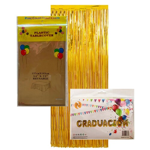 Kit dorado graduación incluye mantel, cortina, y globos graduación (3 art, 14pzas)
