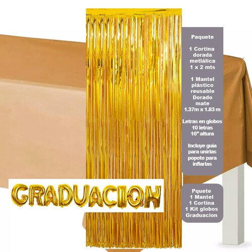 Kit dorado graduación incluye mantel, cortina, y globos graduación (3 art, 14pzas)