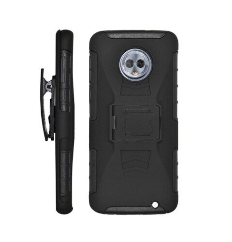 Funda Protector Uso Rudo con Clip más Mica de Cristal Gratis para Motorola G6 PLUS Color Negro.