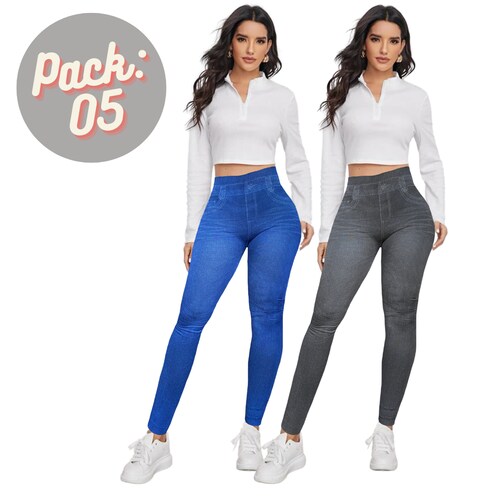 Set 2 Leggins Mujer Mezclilla Faja Alta Mallas Gruesa Mayon