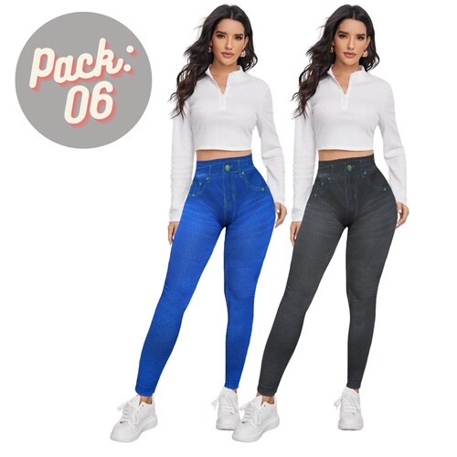 Set 2 Leggins Mujer Mezclilla Faja Alta Mallas Gruesa Mayon