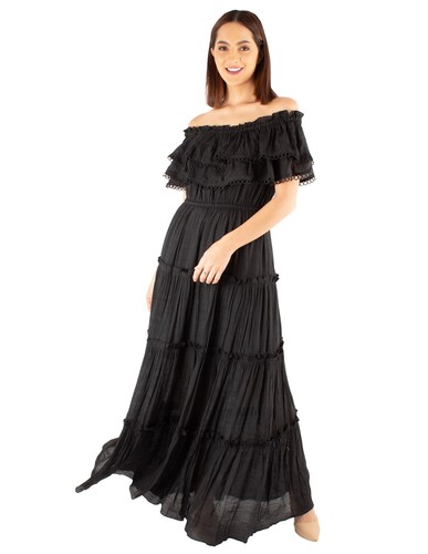 Vestido maxi de hombros descubiertos con olán 