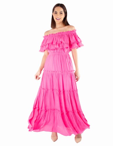 Vestido maxi de hombros descubiertos con olán 