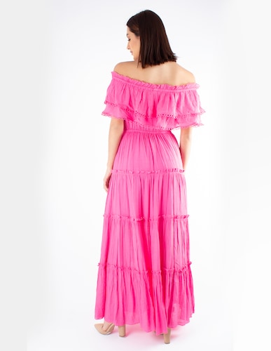 Vestido maxi de hombros descubiertos con olán 