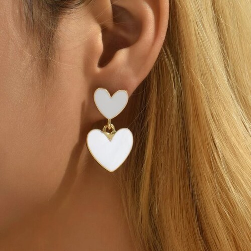 Arete Diseño Corazon Blanco Moda Mujer Acero Inoxidable