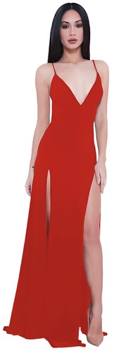 Maxi vestido tirante halter casual elegante noche dama mujer xally 2311 escote V aberturas altas
