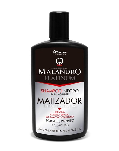 Shampoo Matizador de canas negro brinda hidratación y suavidad Malandro 450 ml.