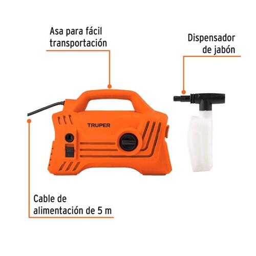Hidrolavadora Eléctrica Compacta 1600psi lavar autos Truper incluye accesorios 