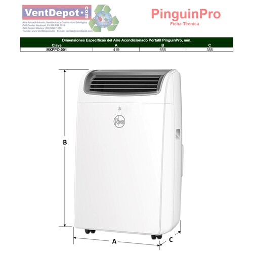 Aire AC Portatil Portable MXPPO-001-13 12000BTUs 410m3hr R-410A 3,4EER 115V1F60Jx 7,64A 854,2W 55dB Hasta 12m2 Frío Calor con Bomba PinguinPro