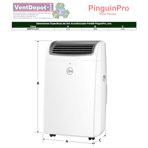 Aire AC Portatil de Oficinas MXPPO-001-15 12000BTUs 410m3hr R-410A 3,4EER 115V1F60Jx 7,64A 854,2W 55dB Hasta 12m2 Frío Calor con Bomba PinguinPro