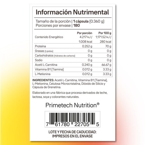L-Carnitina Primetech Acetil 180 caps 264 mg c/u