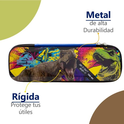 Set 2 Lapiceras Jurassic World Niños Estuche Dinosaurios Rígido Metálico y Suave con Correa