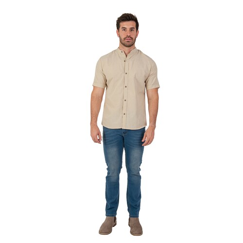 Camisa Manga Corta Casual Fresca Slim Fit Cuello Mao Chili Beans  Color Beige 