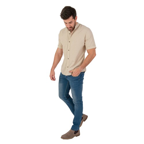 Camisa Manga Corta Casual Fresca Slim Fit Cuello Mao Chili Beans  Color Beige 