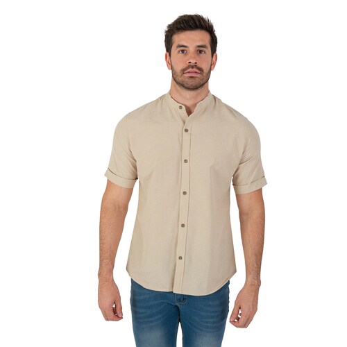 Camisa Manga Corta Casual Fresca Slim Fit Cuello Mao Chili Beans  Color Beige 