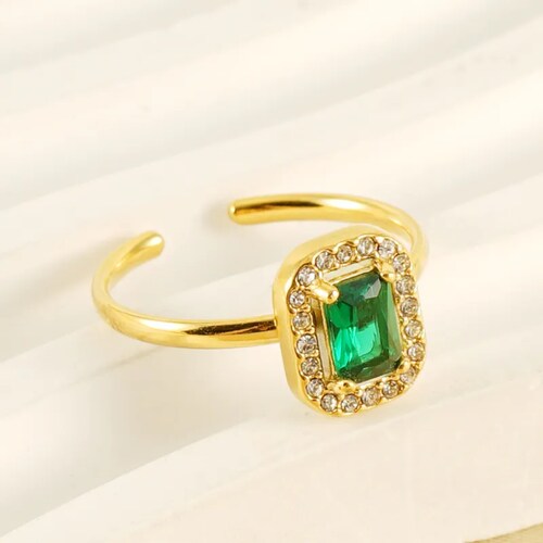 Anillo Piedra Verde Talla Ajustable Acero Inoxidable Dorado Mujer Moda