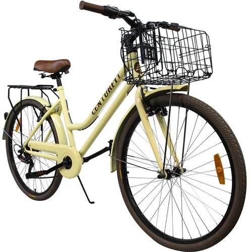 Bicicleta Vintage Retro R26 Clasica Urbana 6 Velocidades Canastilla Plegable Asiento Ajustable Frenos V.Break Amarilla Centurfit 