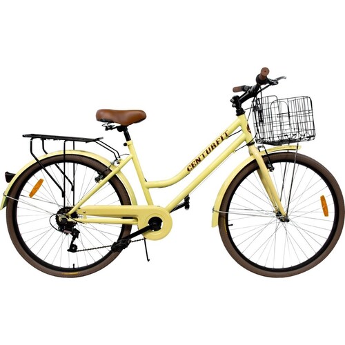 Bicicleta Vintage Retro R26 Clasica Urbana 6 Velocidades Canastilla Plegable Asiento Ajustable Frenos V.Break Amarilla Centurfit 