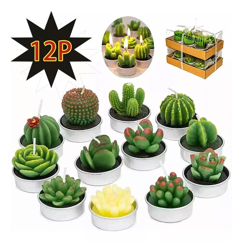 12pcs Velas Decorativas Cactus Suculenta Artificiales Verdes.