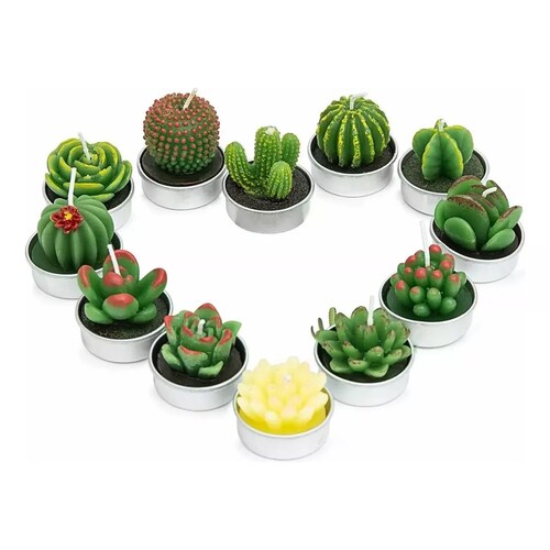 12pcs Velas Decorativas Cactus Suculenta Artificiales Verdes.