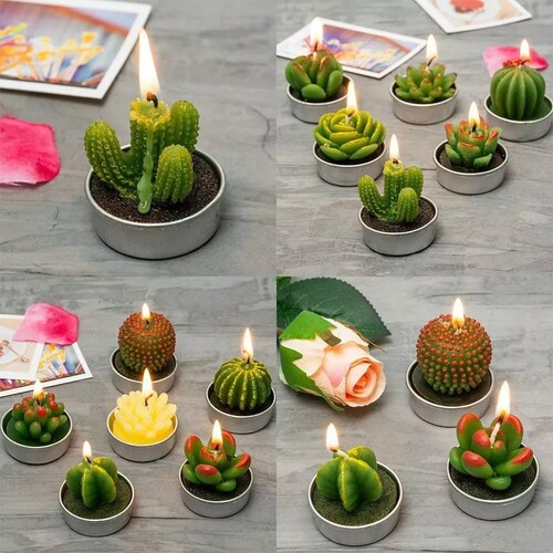 12pcs Velas Decorativas Cactus Suculenta Artificiales Verdes.