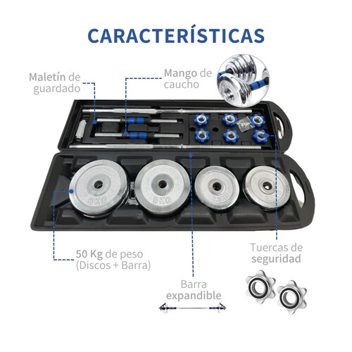 Kit De Mancuernas Pesas Con Barra Discos Ejercicio Gym 50kg