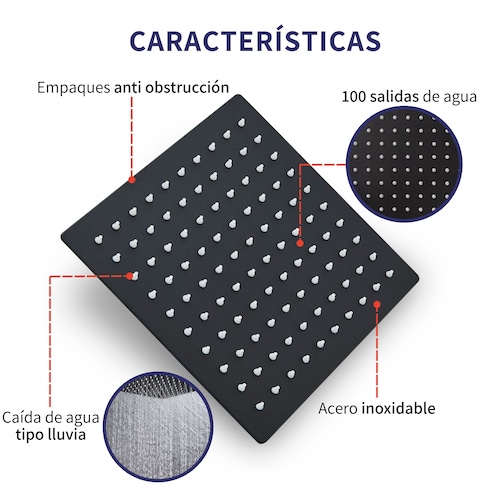 Kit Regadera Negra Cuadrada Tipo Lluvia Monomando Y Teléfono