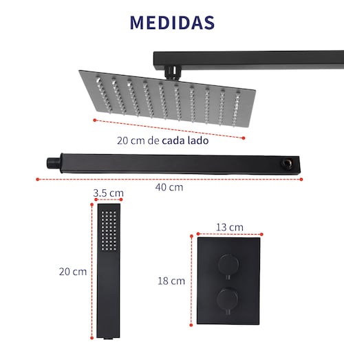 Kit Regadera Negra Cuadrada Tipo Lluvia Monomando Y Teléfono
