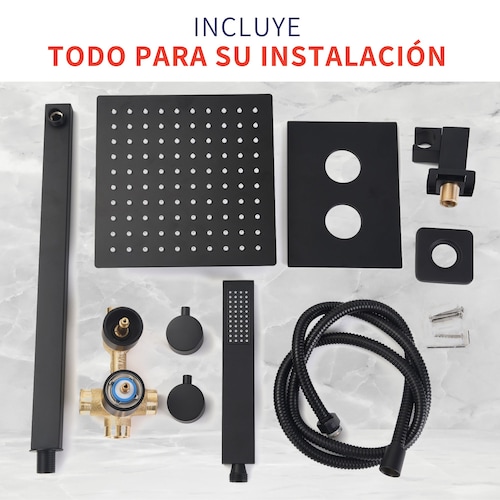 Kit Regadera Negra Cuadrada Tipo Lluvia Monomando Y Teléfono