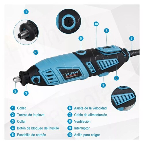 Mini Taladro Mototool Electrico Con 280 Accesorio Kit 185w Azul