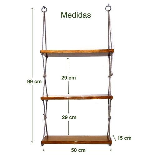Repisa de Madera de 1ra entintada y barnizada de 3 niveles colgante con cuerda de algodón..