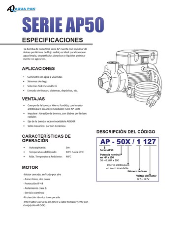 Bomba Periférica AQUA PAK Ap-50x/1127 0.5 HP 115 V 
