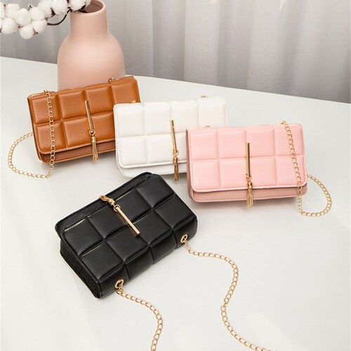 Bolsa Crossbody Mujer Dama Elegante De Moda Cuadros Y Cadena