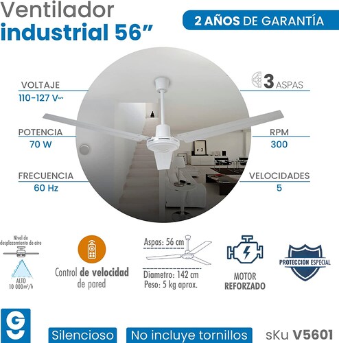 Ventilador de techo iGoto V5670-W blanco con 3 aspas, 56" de diámetro 110 V - 127 V