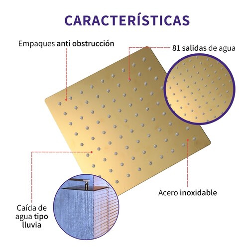 Regadera Cuadrada De Lujo Dorada Oro Kit Monomando Teléfono