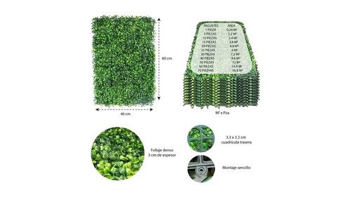  Follaje Artificial 25 piezas Sintético Para Muro Verde 60x40cm, cubren un área de  6 mt2