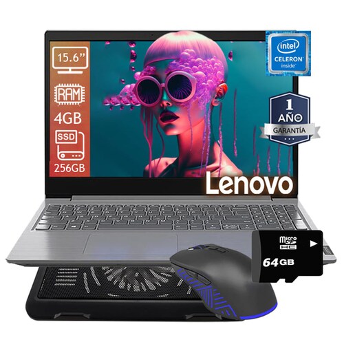 Laptop Lenovo V15-IGL Intel Celeron N4020 15.6''  SSD 256GB/ 4GB Windows 10 - Gris + Base Enfriadora+ Microsd 64GB+ Mouse 