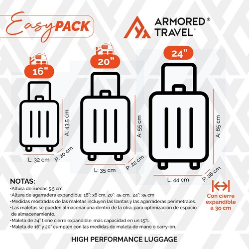 Set de 3 maletas con carry on de mano Easy pack ABS doble refuerzo con candado de seguridad TSA LOCK Armored travel Gris Oxford