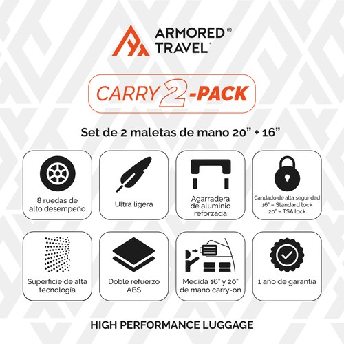 Maletas carry on de mano set 2 pack 20 y 16 pulgadas con candado de seguridad TSA LOCK ABS doble refuerzo Armored travel Tinto
