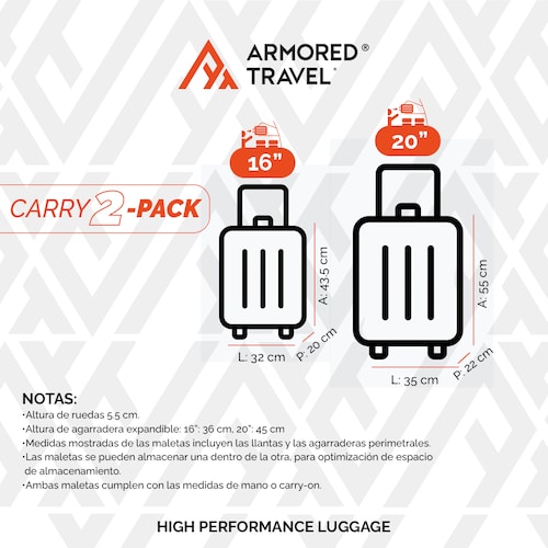 Maletas carry on de mano set 2 pack 20 y 16 pulgadas con candado de seguridad TSA LOCK ABS doble refuerzo Armored travel Tinto