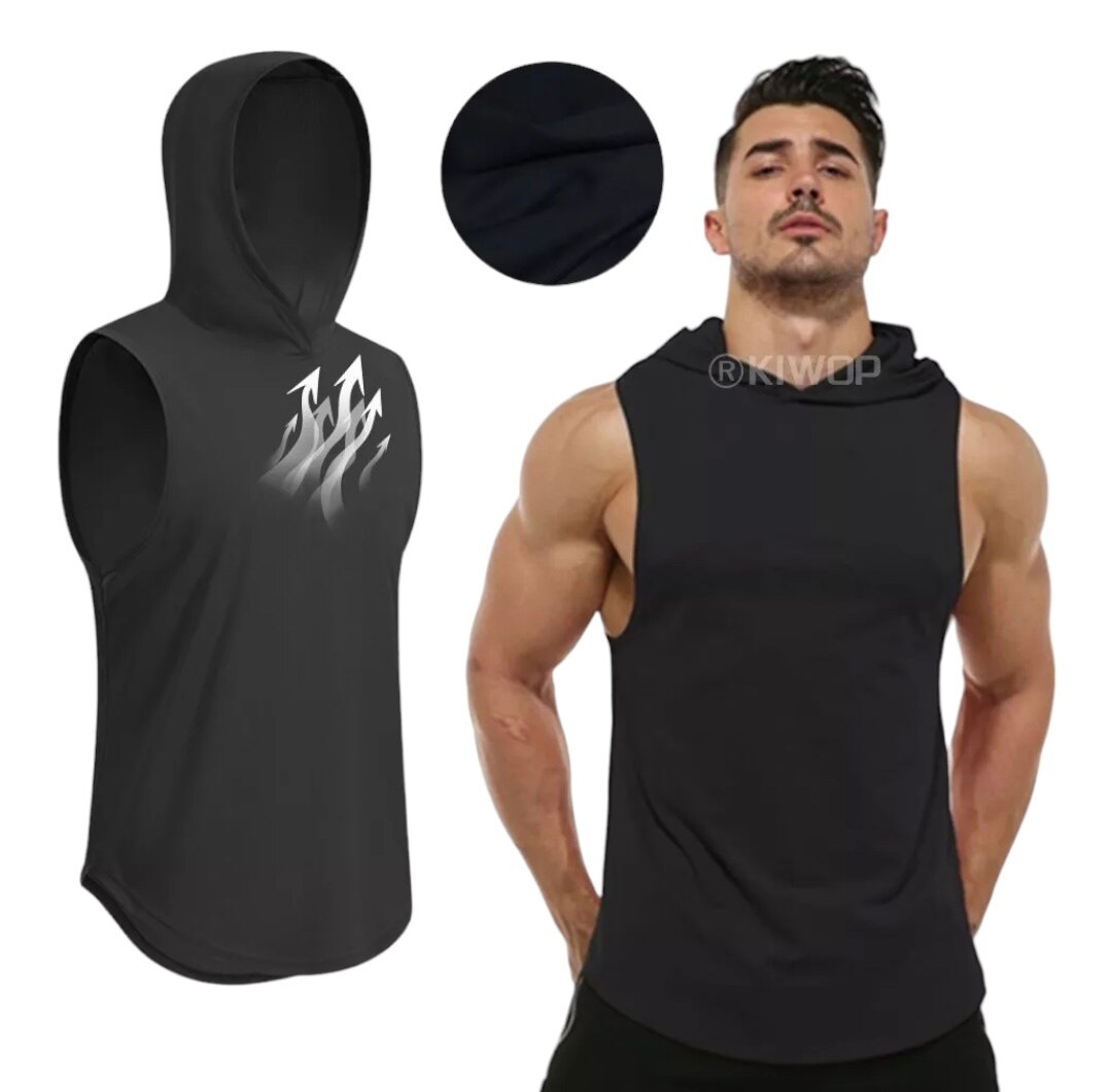 Playera Camiseta Deportiva para Hombre sin Mangas con Gorro Capucha