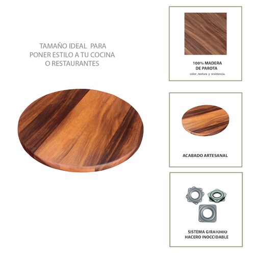 Charola giratoria de Madera Parota Redonda,Lazzy Susan Hogare Para servir alimentos, Centro de mesa, Uso profesional y casero, Madera fina, Resistente, Duradera, Diseño elegante, 48 cm.