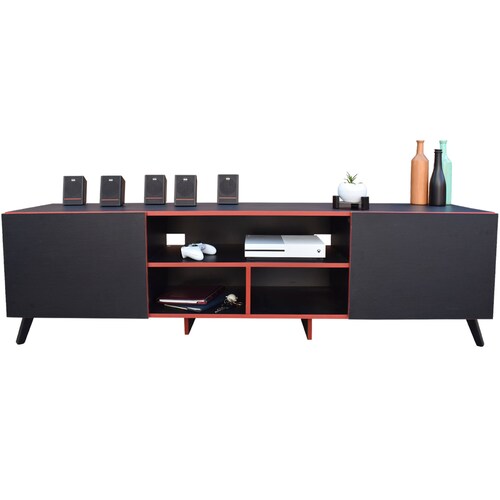 Mueble para TV 80 pulgadas, Centro de entretenimiento Europa Hogare, Rack para TV,  Repisas ajustable, Elaborado en melamina, Fácil armado, Color Negro Rojo