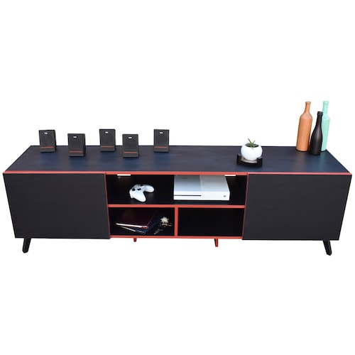 Mueble para TV 80 pulgadas, Centro de entretenimiento Europa Hogare, Rack para TV,  Repisas ajustable, Elaborado en melamina, Fácil armado, Color Negro Rojo