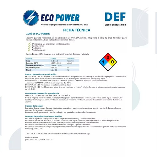 UREA DEF ECO POWER GRADO AUTOMOTRIZ GARRAFA DE 20 LITROS